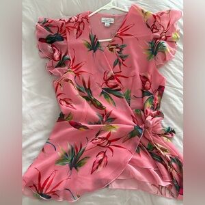 Sweet Pea Pink Floral Ruffle Blouse adjustable waist tie